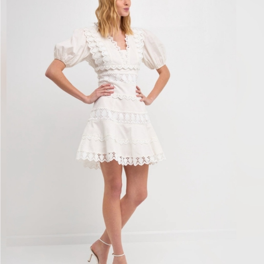 Endless Rose White Ruffled Puff Sleeve Mini Dress